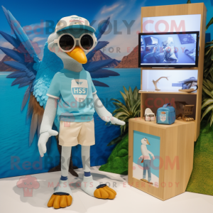 Blue Archeopteryx mascot costume character dressed with a Board Shorts and Watches