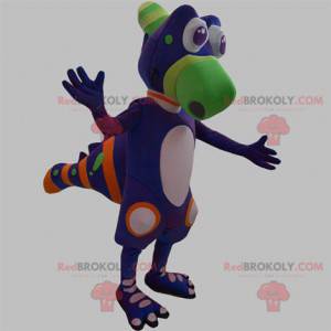 Mascotte di dinosauro creatura viola verde e arancione -