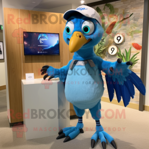 Blue Archeopteryx mascot costume character dressed with a Board Shorts and Watches