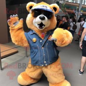 Orange Spectacled Bear mascot costume character dressed with a Denim Shorts and Rings