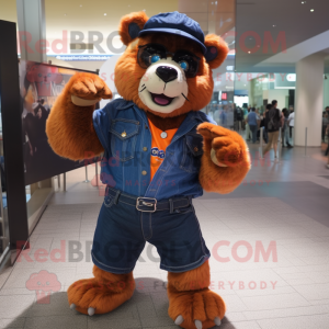 Orange Spectacled Bear mascot costume character dressed with a Denim Shorts and Rings