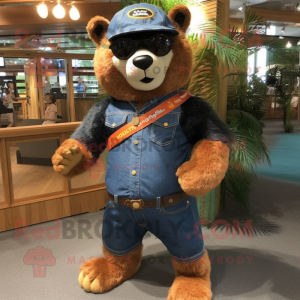 Orange Spectacled Bear mascot costume character dressed with a Denim Shorts and Rings