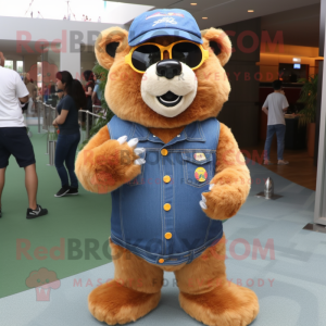Orange Spectacled Bear mascot costume character dressed with a Denim Shorts and Rings