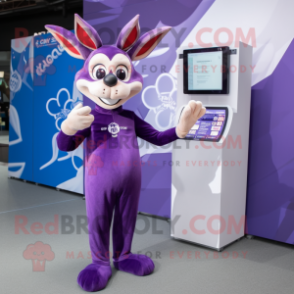 Purple Gazelle mascot costume character dressed with a Jumpsuit and Wallets