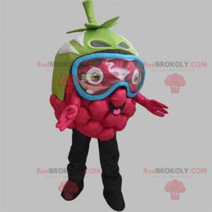 Mascotte de framboise géante avec un masque sur les yeux -