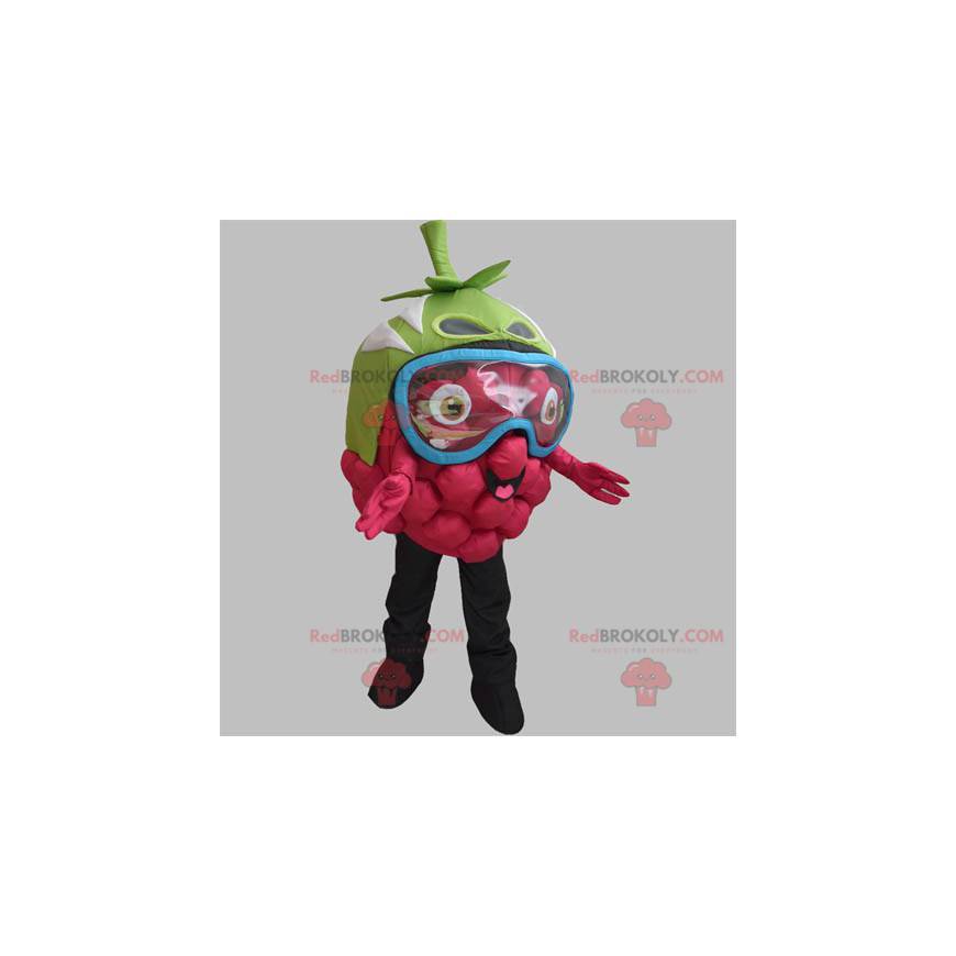 Giant raspberry mascot with a mask on the eyes - Redbrokoly.com