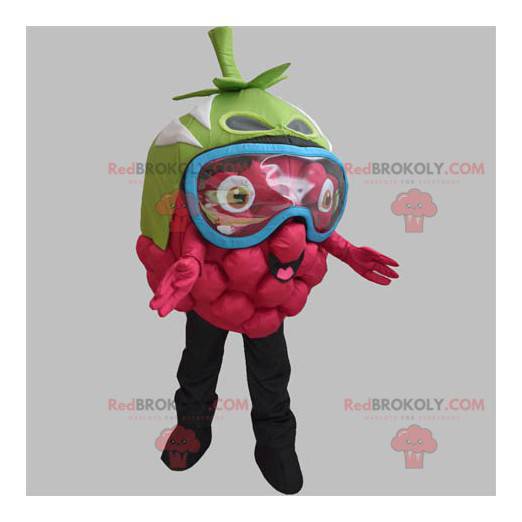 Kæmpe hindbærmaskot med en maske på øjnene - Redbrokoly.com