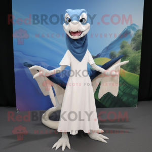 White Dimorphodon mascot costume character dressed with a Pencil Skirt and Scarves