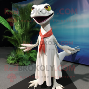 White Dimorphodon mascot costume character dressed with a Pencil Skirt and Scarves