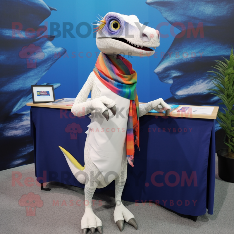 White Dimorphodon mascot costume character dressed with a Pencil Skirt and Scarves