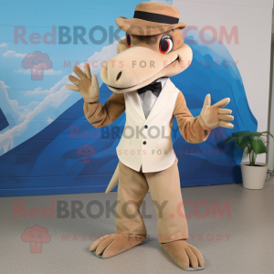 Beige Dimorphodon mascot costume character dressed with a Suit Pants and Mittens