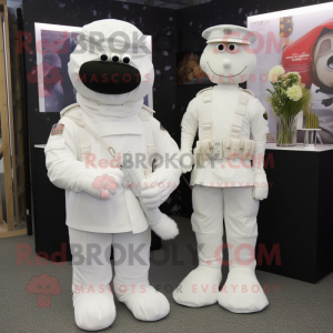 White Special Air Service mascot costume character dressed with a Wedding Dress and Cufflinks