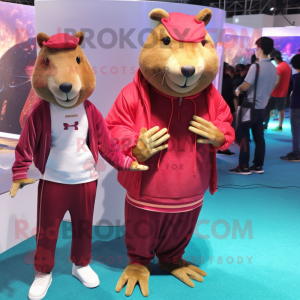 Maroon Capybara mascot costume character dressed with a Boyfriend Jeans and Hair clips