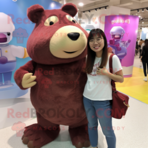 Maroon Capybara mascot costume character dressed with a Boyfriend Jeans and Hair clips