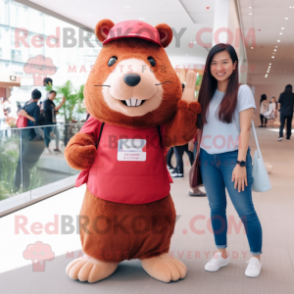 Maroon Capybara mascot costume character dressed with a Boyfriend Jeans and Hair clips