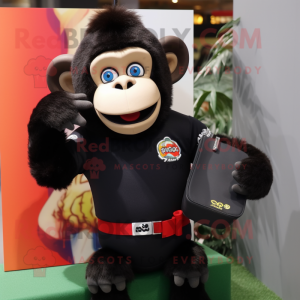 Black Monkey mascot costume character dressed with a Rugby Shirt and Briefcases