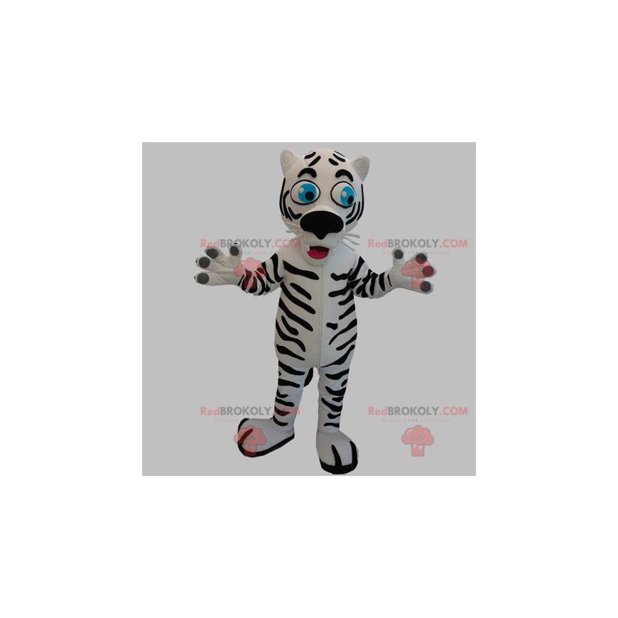 Mascotte de tigre blanc et noir avec les yeux bleus -