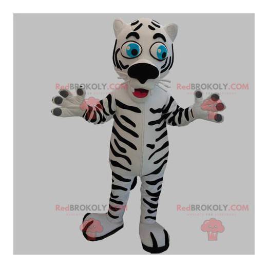 Biały i czarny tygrys maskotka z niebieskimi oczami -
