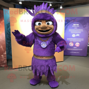 Purple Chief mascot costume character dressed with a Romper and Shawl pins