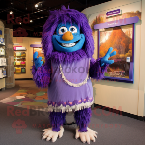 Purple Chief mascot costume character dressed with a Romper and Shawl pins