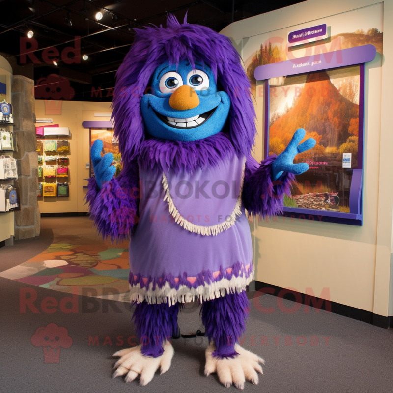 Purple Chief mascot costume character dressed with a Romper and Shawl pins Purple Chief mascot costume character dressed with a Romper and Shawl pins