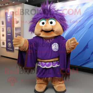 Purple Chief mascot costume character dressed with a Romper and Shawl pins