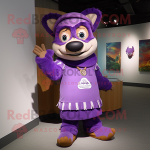 Purple Chief mascot costume character dressed with a Romper and Shawl pins