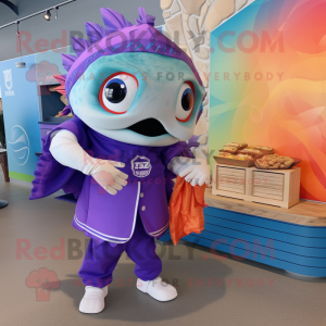 Lavender Fish Tacos mascot costume character dressed with a Rash Guard and Tote bags