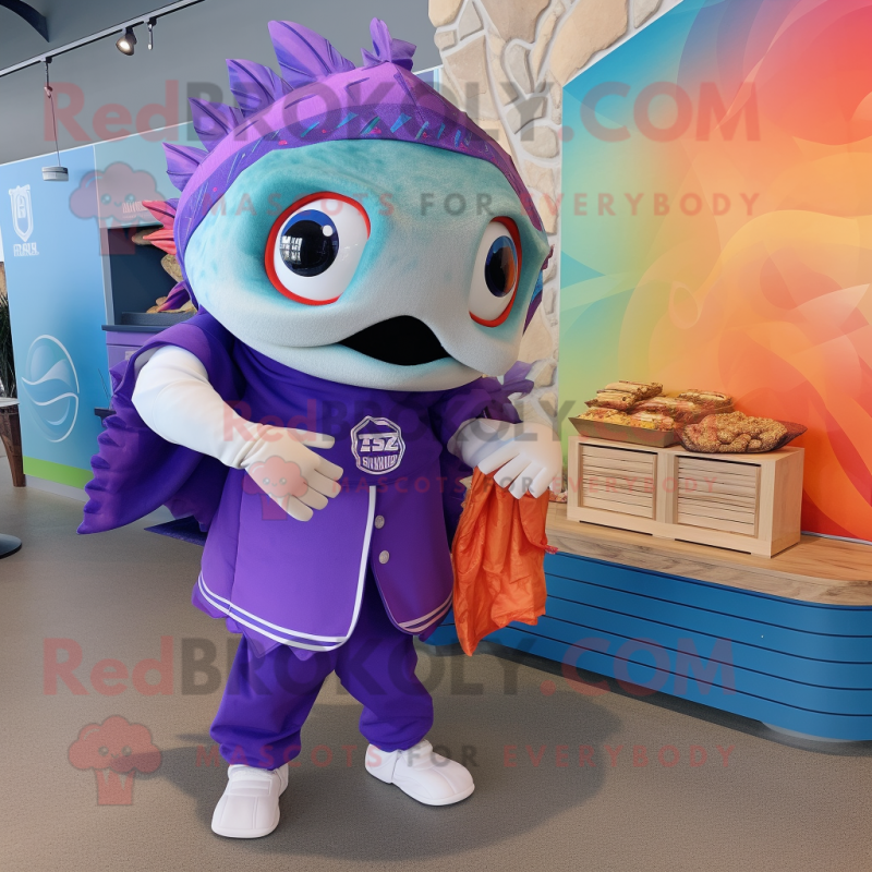 Lavender Fish Tacos mascot costume character dressed with a Rash Guard and Tote bags Lavender Fish Tacos mascot costume character dressed with a Rash Guard and Tote bags