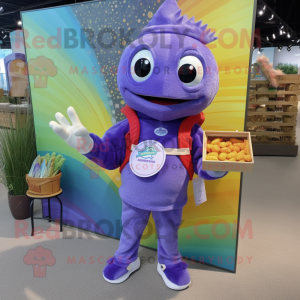Lavender Fish Tacos mascot costume character dressed with a Rash Guard and Tote bags