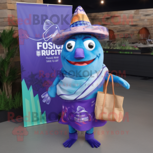 Lavender Fish Tacos mascot costume character dressed with a Rash Guard and Tote bags