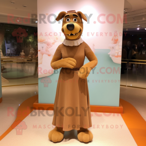 Brown Dog mascot costume character dressed with a Empire Waist Dress and Clutch bags