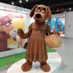 Brown Dog mascot costume character dressed with a Empire Waist Dress and Clutch bags