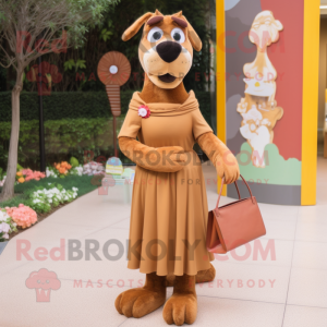 Brown Dog mascot costume character dressed with a Empire Waist Dress and Clutch bags