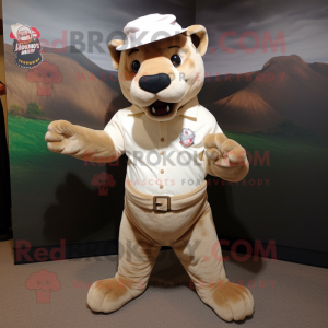 Cream Thylacosmilus mascot costume character dressed with a Long Sleeve Tee and Hat pins