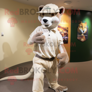 Cream Thylacosmilus mascot costume character dressed with a Long Sleeve Tee and Hat pins