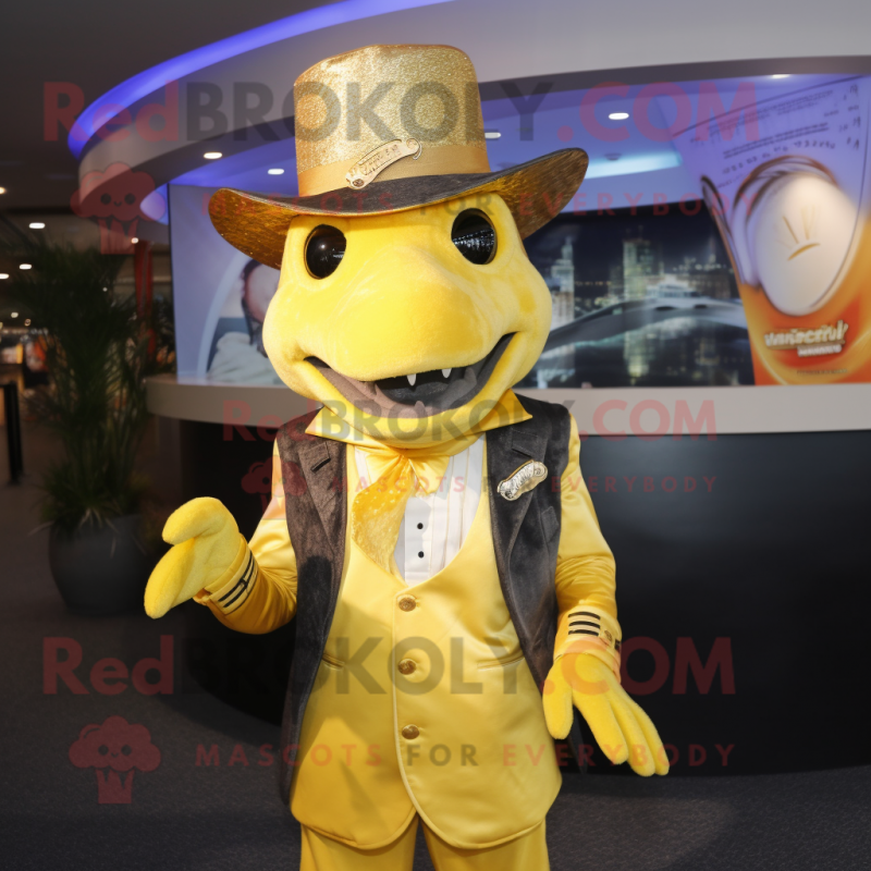 Gold Barracuda mascot costume character dressed with a Suit and Hats Gold Barracuda mascot costume character dressed with a Suit and Hats