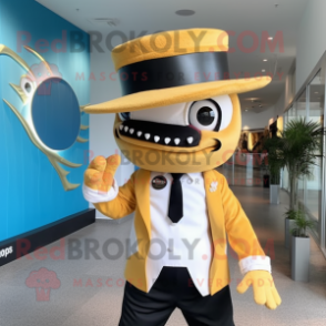 Gold Barracuda mascot costume character dressed with a Suit and Hats