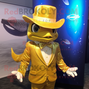 Gold Barracuda mascot costume character dressed with a Suit and Hats