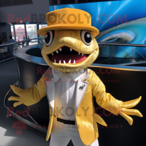 Gold Barracuda mascot costume character dressed with a Suit and Hats