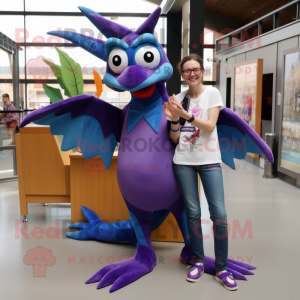 Purple Pterodactyl mascot costume character dressed with a Boyfriend Jeans and Reading glasses