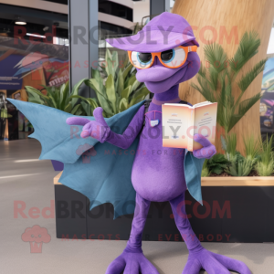 Purple Pterodactyl mascot costume character dressed with a Boyfriend Jeans and Reading glasses