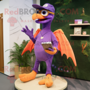 Purple Pterodactyl mascot costume character dressed with a Boyfriend Jeans and Reading glasses