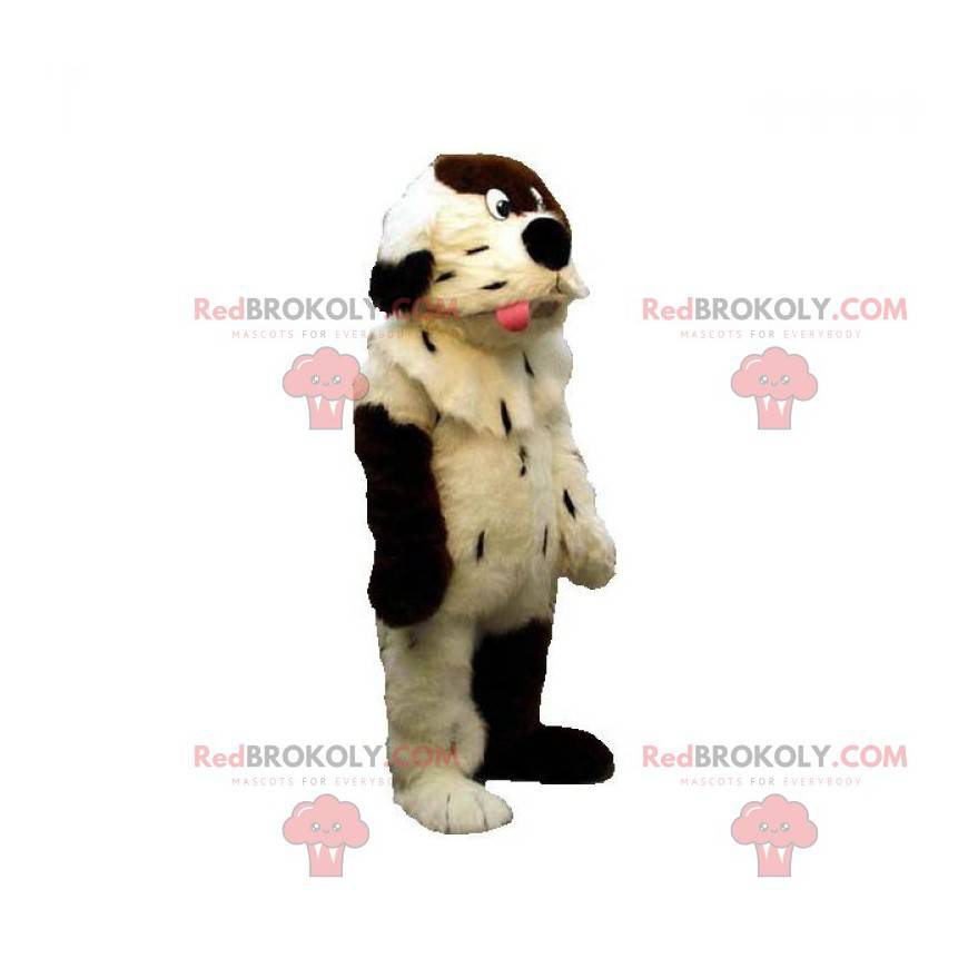 Mascote de cachorro branco e marrom macio e peludo -