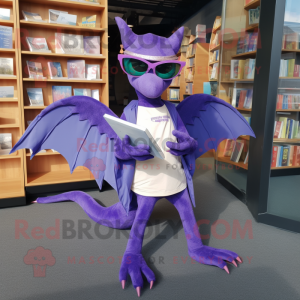 Purple Pterodactyl mascot costume character dressed with a Boyfriend Jeans and Reading glasses