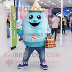 Cyan Ice Cream Cone mascot costume character dressed with a Boyfriend Jeans and Handbags
