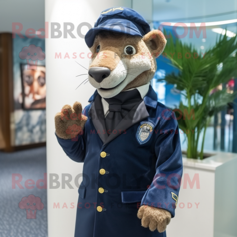 Navy Thylacosmilus mascot costume character dressed with a Jacket and Lapel pins Navy Thylacosmilus mascot costume character dressed with a Jacket and Lapel pins