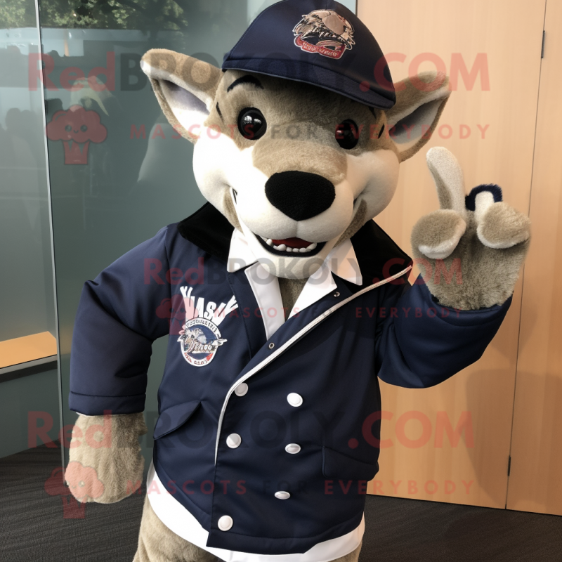 Navy Thylacosmilus mascot costume character dressed with a Jacket and Lapel pins Navy Thylacosmilus mascot costume character dressed with a Jacket and Lapel pins