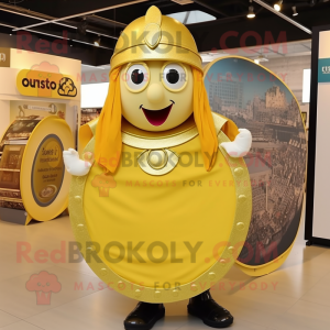 Gold Celtic Shield mascot costume character dressed with a Maxi Skirt and Berets