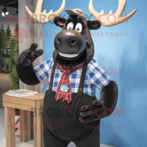 Black Reindeer mascot costume character dressed with a Chambray Shirt and Ties